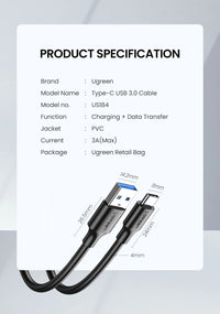 Cabo UGREEN USB-C USB 3.0 para carga e dados