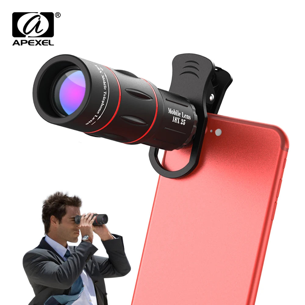 Monocular APEXEL Universal 18x25 com Zoom HD, Lente Óptica para Celular, Observação e Levantamento Topográfico, Lente Telefoto 18X com Tripé para Smartphone