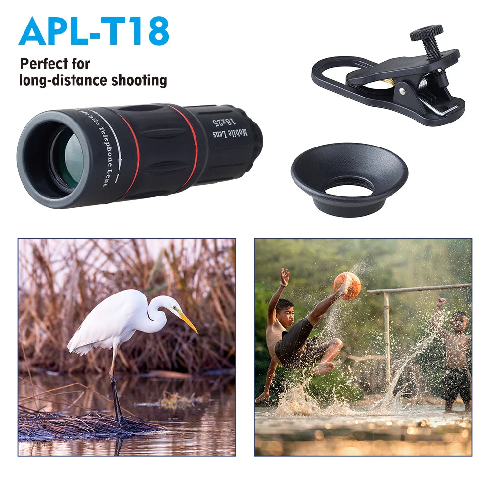 Monocular APEXEL Universal 18x25 com Zoom HD, Lente Óptica para Celular, Observação e Levantamento Topográfico, Lente Telefoto 18X com Tripé para Smartphone