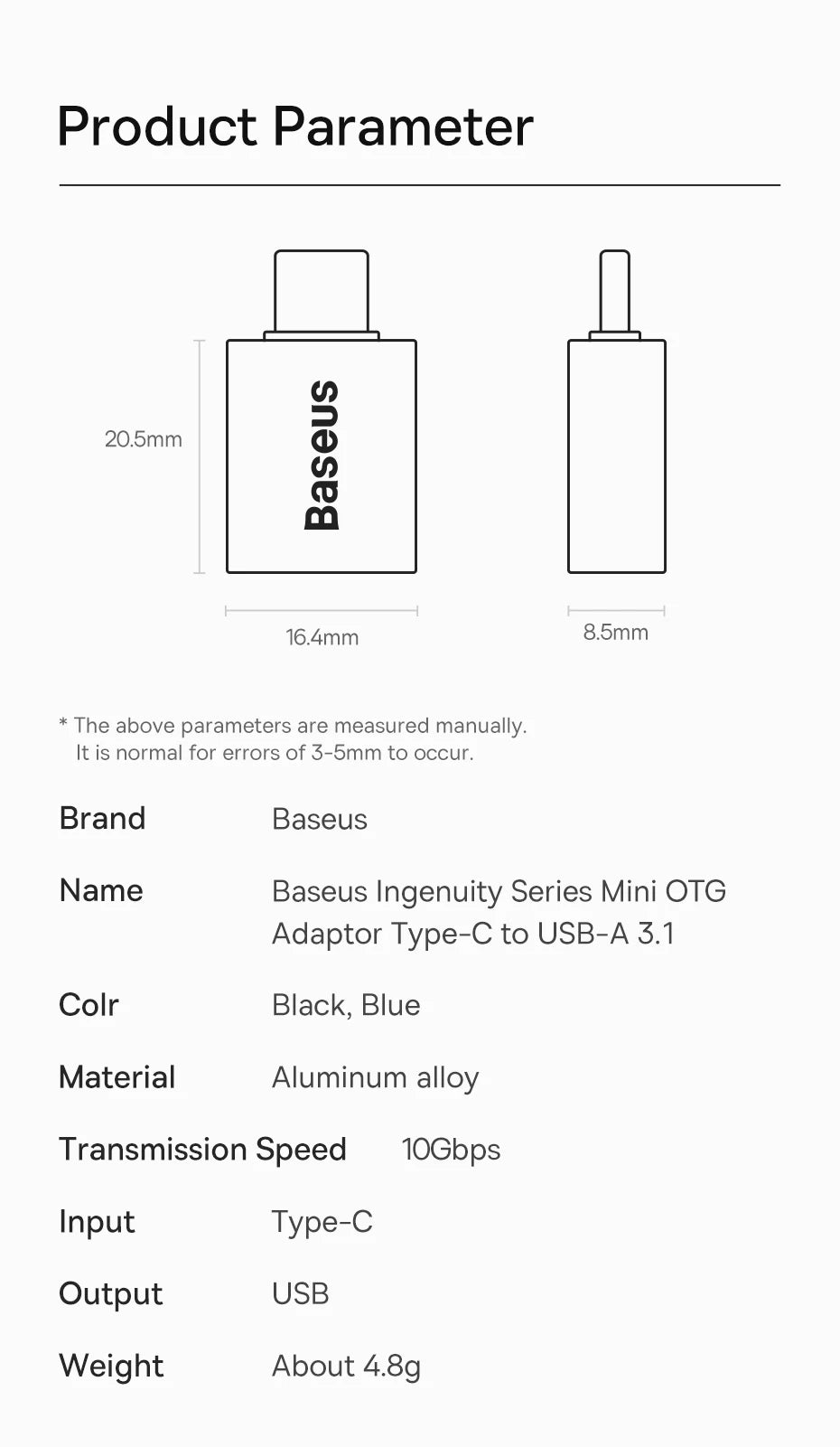Adaptador Baseus USB 3.1 OTG, conversor USB Tipo C para USB Fêmea para Macbook Pro Air, Samsung S22, Xiaomi, conector USB-C USBC OTG