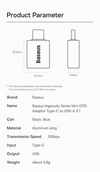 Adaptador OTG Baseus USB-C para USB fêmea em liga de alumínio
